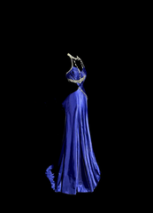 Sexy long ball gown with blue halter neck and exposed waist design R6610