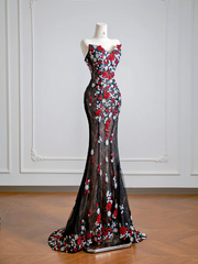 Black 3D floral long ball gown with a fitted waist and hips R8143