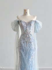 Light blue off-the-shoulder fitted waist bodycon sexy long ball gown R8195