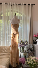 Light brown halter-neck long ball gown R7756
