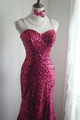Rose pink sequined halter top, fitted waist, bodycon long ball gown R6769