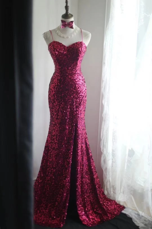 Rose pink sequined halter top, fitted waist, bodycon long ball gown R6769