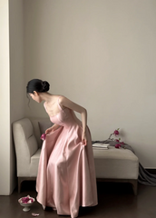 Champagne pink spaghetti strap, waist‑cinching, slim‑fit, elegant long ball gown R7995