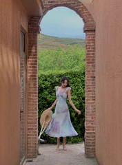 Beautiful oil painting style fishtail long skirt summer French retro gradient irregular suspender dress R4340