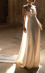 Simple Sexy Halter V-Neck Open Back With Train Long Wedding Dress      S6937