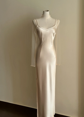 Champagne spaghetti strap, waist-cinched, slim-fit bodycon elegant prom dress R7957