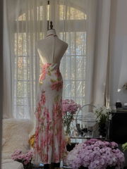 Light pink floral print halter neck fitted waist long ball gown R7726