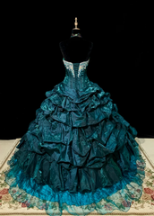 Green strapless fitted waist long ball gown with a full skirt, elegant ball dress R8674