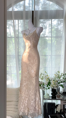 Light pink halter-neck fitted long floral print ball gown R7645