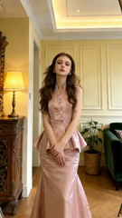 Light pink sleeveless fitted waist bodycon sexy prom dress R8614