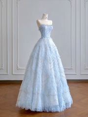 Light blue strapless, fitted waist, full skirt, long ball gown R8196