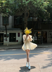 Light apricot V-neck, waist-cinching, tiered ruffle short ball gown R7996
