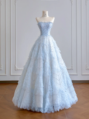 Light blue strapless, fitted waist, full skirt, long ball gown R8196
