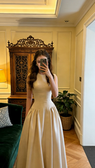 Brown sleeveless fitted long ball gown R8583