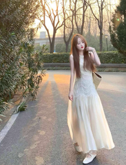 Atmosphere wear white lace sleeveless vest dress beautiful temperament waist A-line long skirt R0421