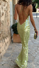 Spaghetti Straps Green Sequin Long Prom Dress Backless Evening Party Dress      S5884