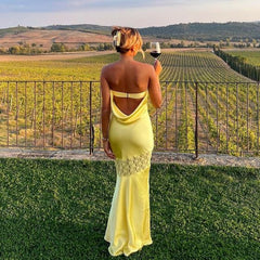 Strapless Yellow Sheath Long Prom Dress Summer Outfit         S5296
