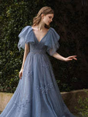 Gray Blue V Neck Tulle Sequin Long Prom Dress, Blue Formal Graduation Dresses    S4955