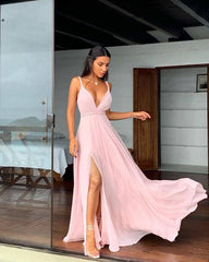 pink v neck long prom dress, pink evening dress     S4964