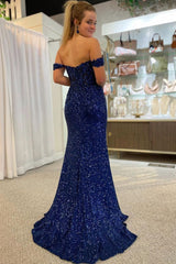Sparkly Navy Corset Mermaid Sequins Long Prom Dress with Slit       S3686