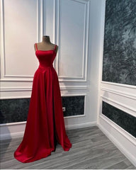 Long Prom Dresses A Line Red Satin Formal Evening Dresses      S4055