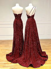 Unique Velvet Sequin Mermaid Burgundy Long Prom Dress, Burgundy Formal Evening Dress     S3572