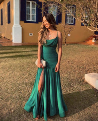 Dark Green Spaghetti Straps Unique Formal Dress Long Prom Dresses     S3266