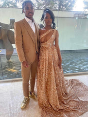 Gold Sequin Long Prom Dresses Evening Gowns     S3548