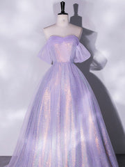 Purple A-Line Tulle Sequin Long Prom Dress, Purple Sequin Long Formal Dress     S3200