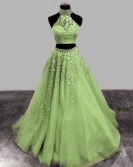 Sage Green Prom Dresses Two Piece Lace Embroidery Beaded Halter Formal Dress    S2923