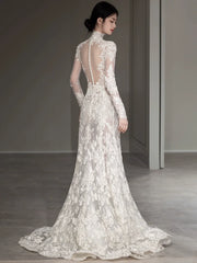 Long Sleeves Lace High Neck Wedding Dresses Long Bridal Gown      S7208