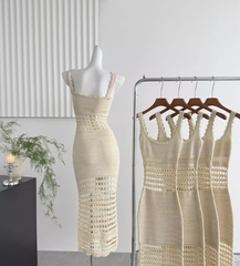 Bright silk knitted sexy hollow long skirt hip-wrapped fine glitter suspender dress for women R0286