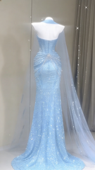 Light blue strapless, fitted waist, bodycon sexy long ball gown R6428