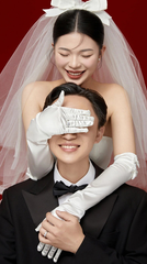 Off-white satin bow long wedding dress gloves     S6234