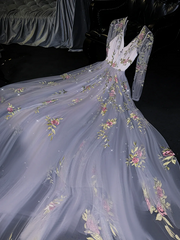 Light gray-blue halter-neck fitted long ball gown with a full skirt R8738