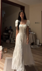 White puff-sleeved, fitted A-line skirt, sexy and elegant ball gown R8081