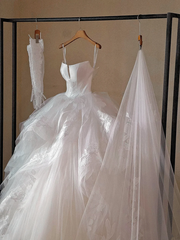 White suspender waist puffy tulle bridal dress R5699