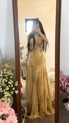 Champagne-colored floral print halter-neck fitted long ball gown R7758