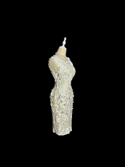 White sleeveless sequined fitted waist short ball gown R6612