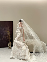 White strapless lace waist slim sexy fishtail long dress bridal gown R6053