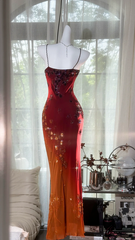 Red gradient halter-neck fitted long ball gown, sexy and sexy R7646