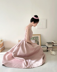 Champagne pink spaghetti strap, waist‑cinching, slim‑fit A‑line long elegant ball gown R7997