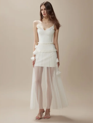 White suspenders waist slim hip short skirt sandy skirt long skirt homecoming dress R4390
