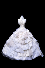 White strapless, fitted waist, full skirt, long ball gown R8679