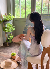 Beautiful oil painting style fishtail long skirt summer French retro gradient irregular suspender dress R4340