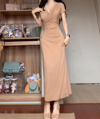 Large size French pure desire style V-neck pleated dress hot girl figure hip long skirt R1867