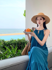Bohemian retro blue white sling fishtail dress holiday style seaside beach dress sling dress long skirt R0196