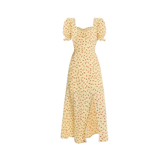 Tea break French dress new yellow square neck puff sleeves slit long skirt waist slimming skirt R0055