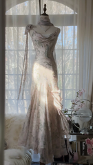 Light pink floral print halter-neck fitted bodycon long ball gown R7688