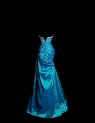 Blue strapless, fitted waist, pleated hips, long fishtail skirt, ball gown R8102